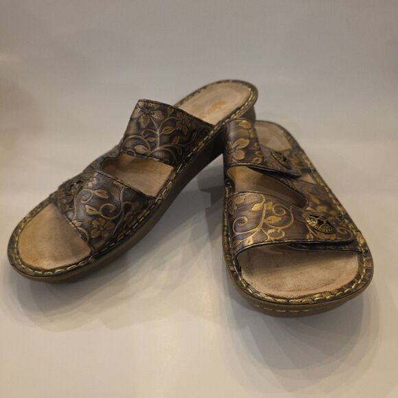 ALEGRIA Violette Rustic Women's Size 9.5 Chocolate & Gold Two-Strap Slide Sandal - Picture 1 of 9